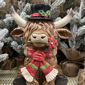 NEW LARGE Hobby Lobby Xmas Holiday Highland Cow W/ Santa Hat Candy Cane HTF LOOK